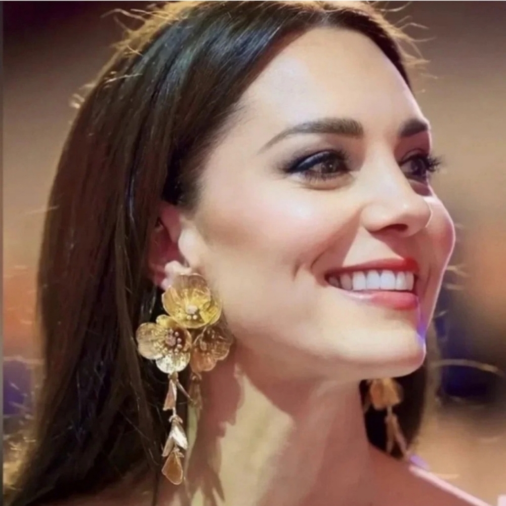 Gold Floral Drop Earrings - Picture 2 of 7